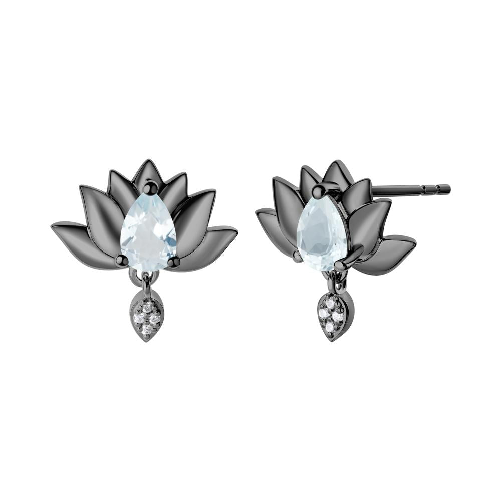 Tear Shaped Aquamarine Lotus Stud Earrings - LUO Jewelry #metal_black finish sterling silver