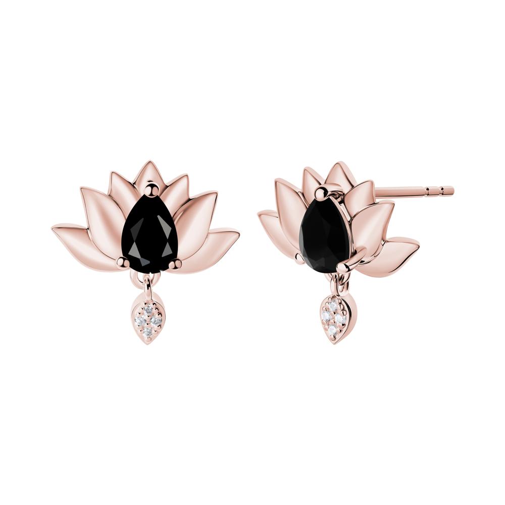 Pear Shaped Black Spinel Lotus Flower Earrings - LUO Jewelry #metal_18k rose gold