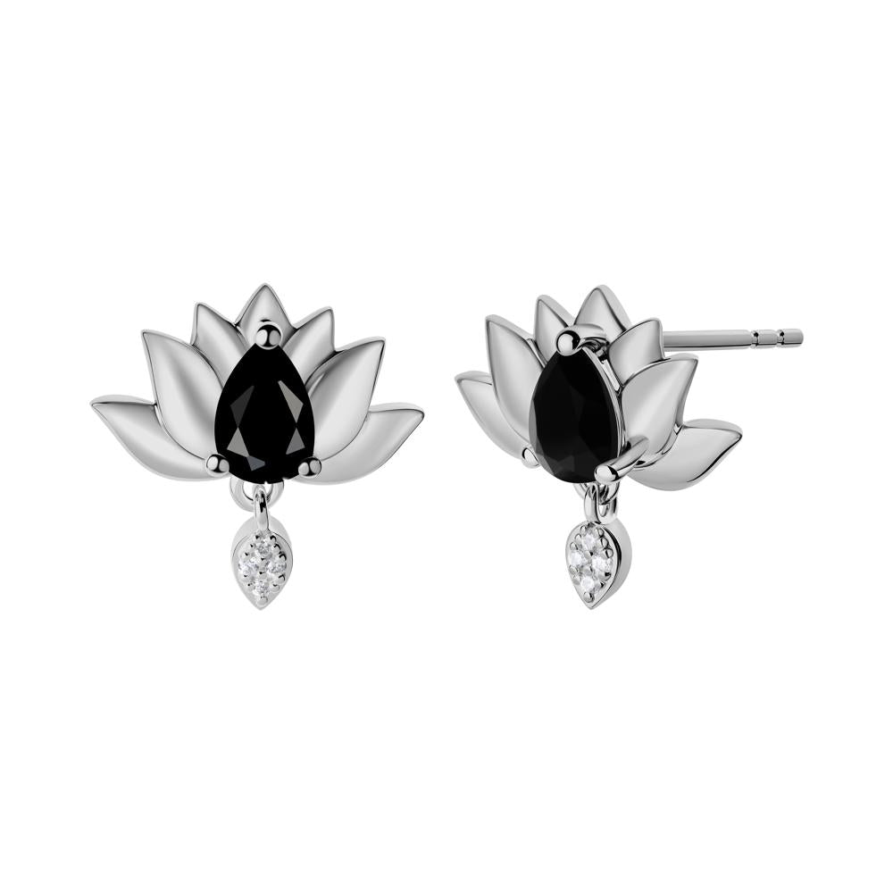 Pear Shaped Black Spinel Lotus Flower Earrings - LUO Jewelry #metal_platinum