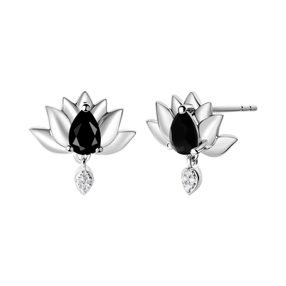 Pear Shaped Black Spinel Lotus Flower Earrings - LUO Jewelry #metal_sterling silver