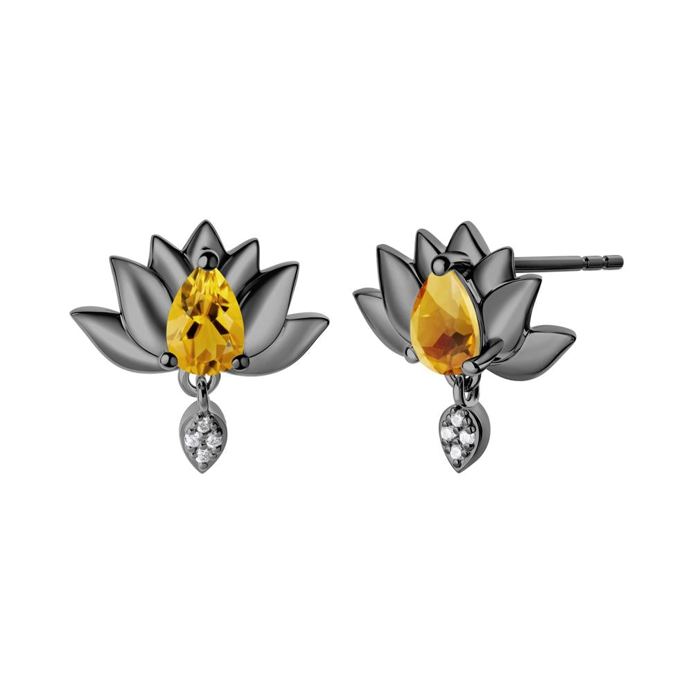 Pear Shaped Citrine Lotus Flower Earrings - LUO Jewelry #metal_black finish sterling silver