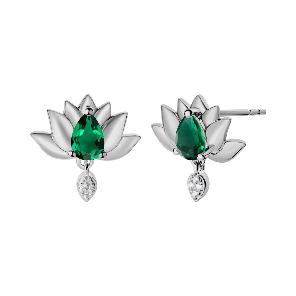 Pear Shaped Emerald Lotus Flower Earrings - LUO Jewelry #metal_platinum