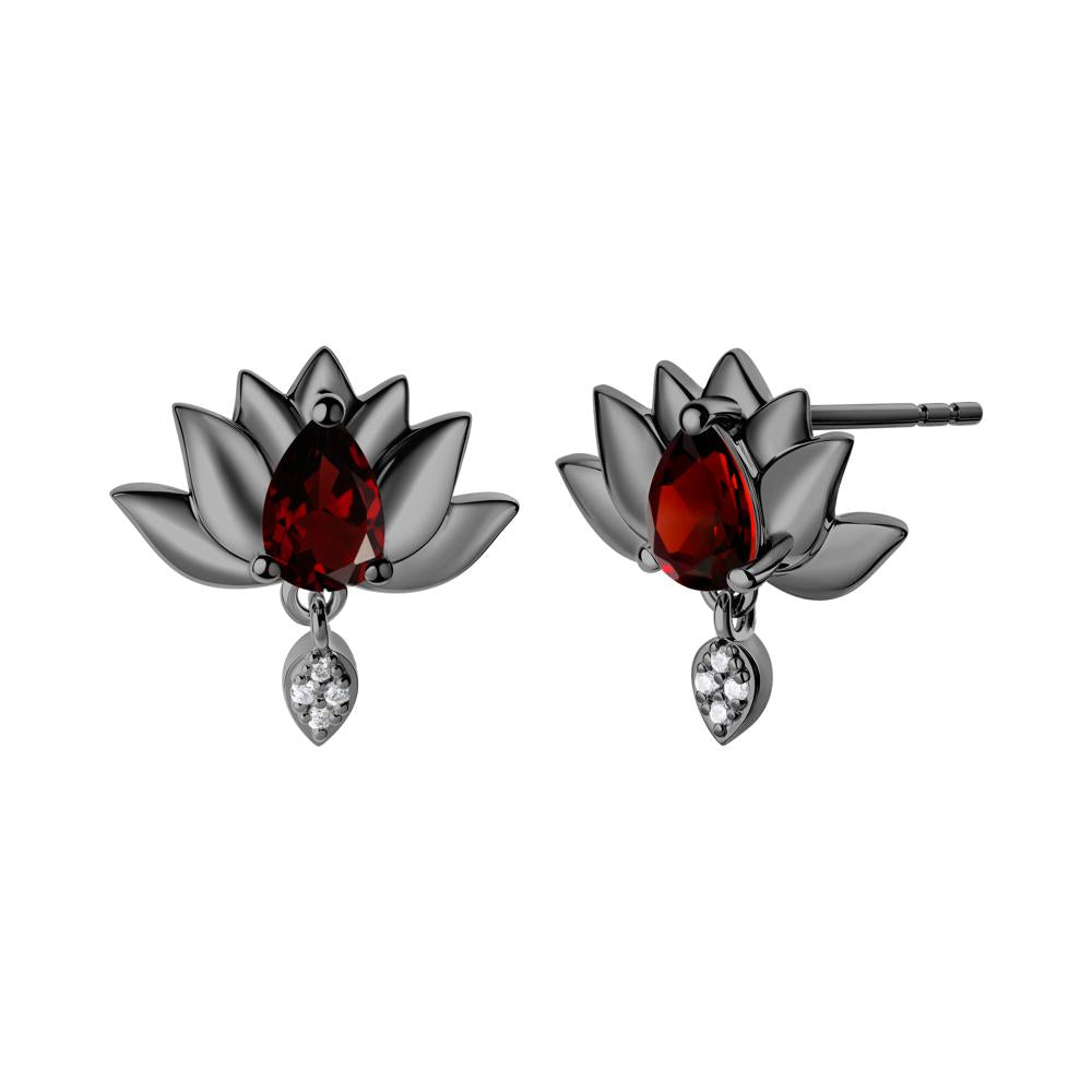 Tear Shaped Garnet Lotus Stud Earrings - LUO Jewelry #metal_black finish sterling silver