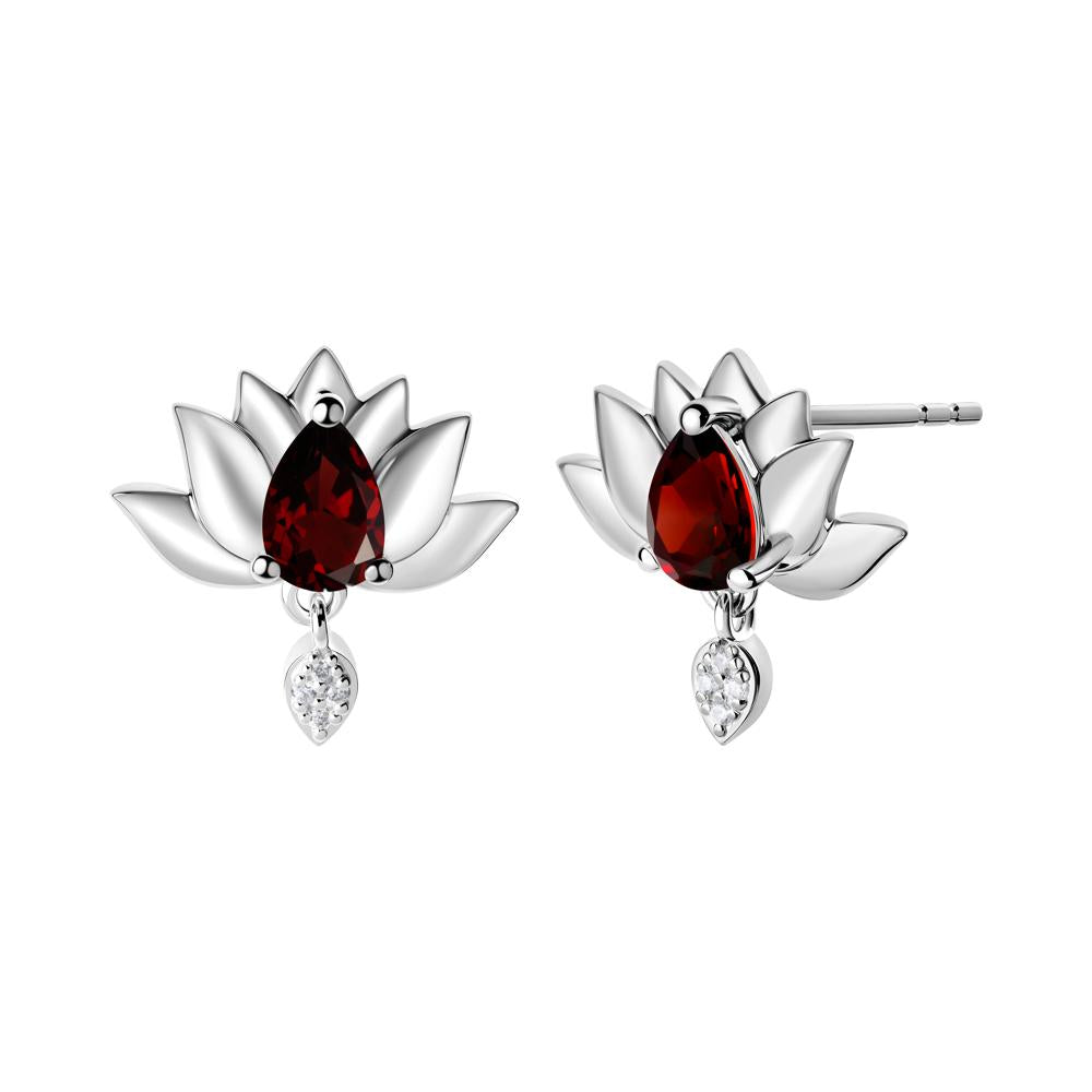 Tear Shaped Garnet Lotus Stud Earrings - LUO Jewelry #metal_sterling silver