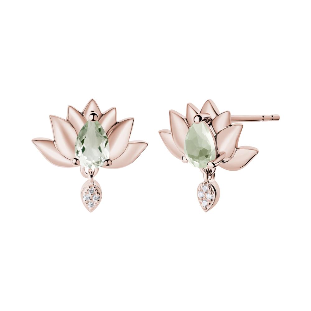 Pear Shaped Green Amethyst Lotus Flower Earrings - LUO Jewelry #metal_14k rose gold