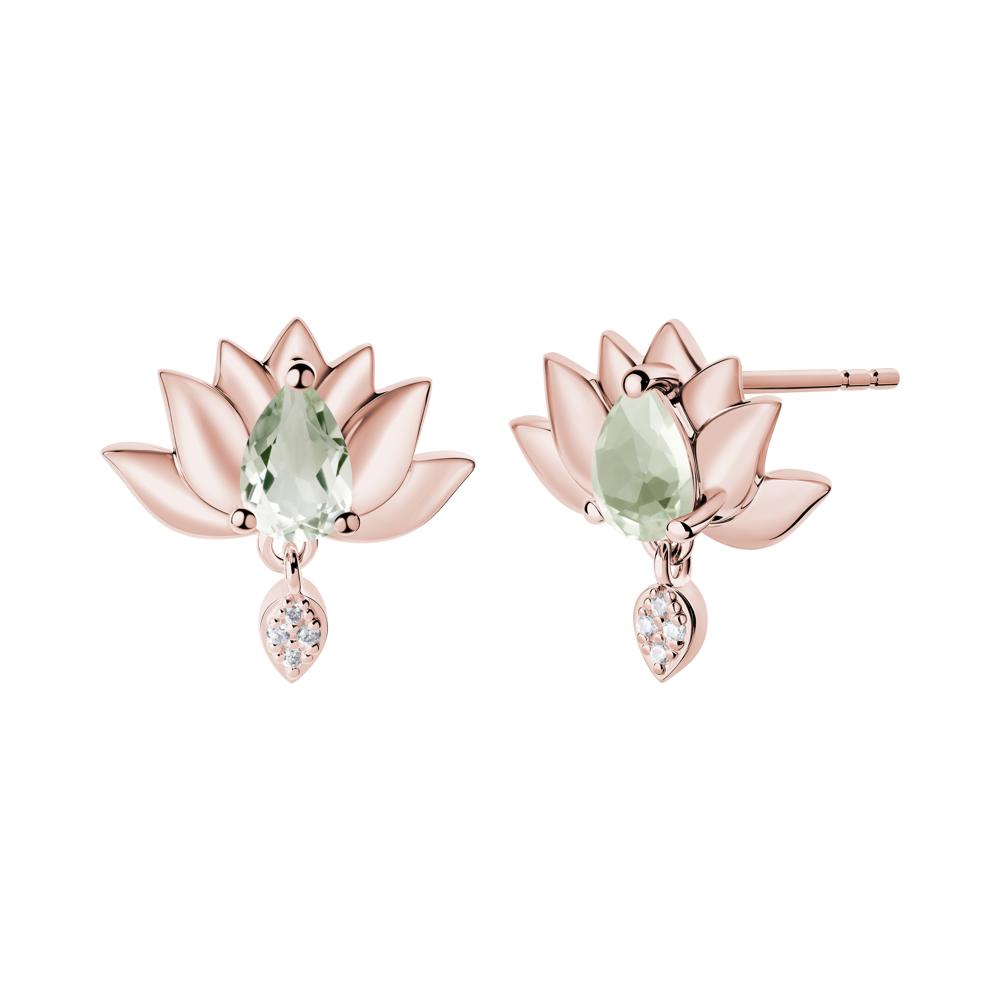 Pear Shaped Green Amethyst Lotus Flower Earrings - LUO Jewelry #metal_18k rose gold