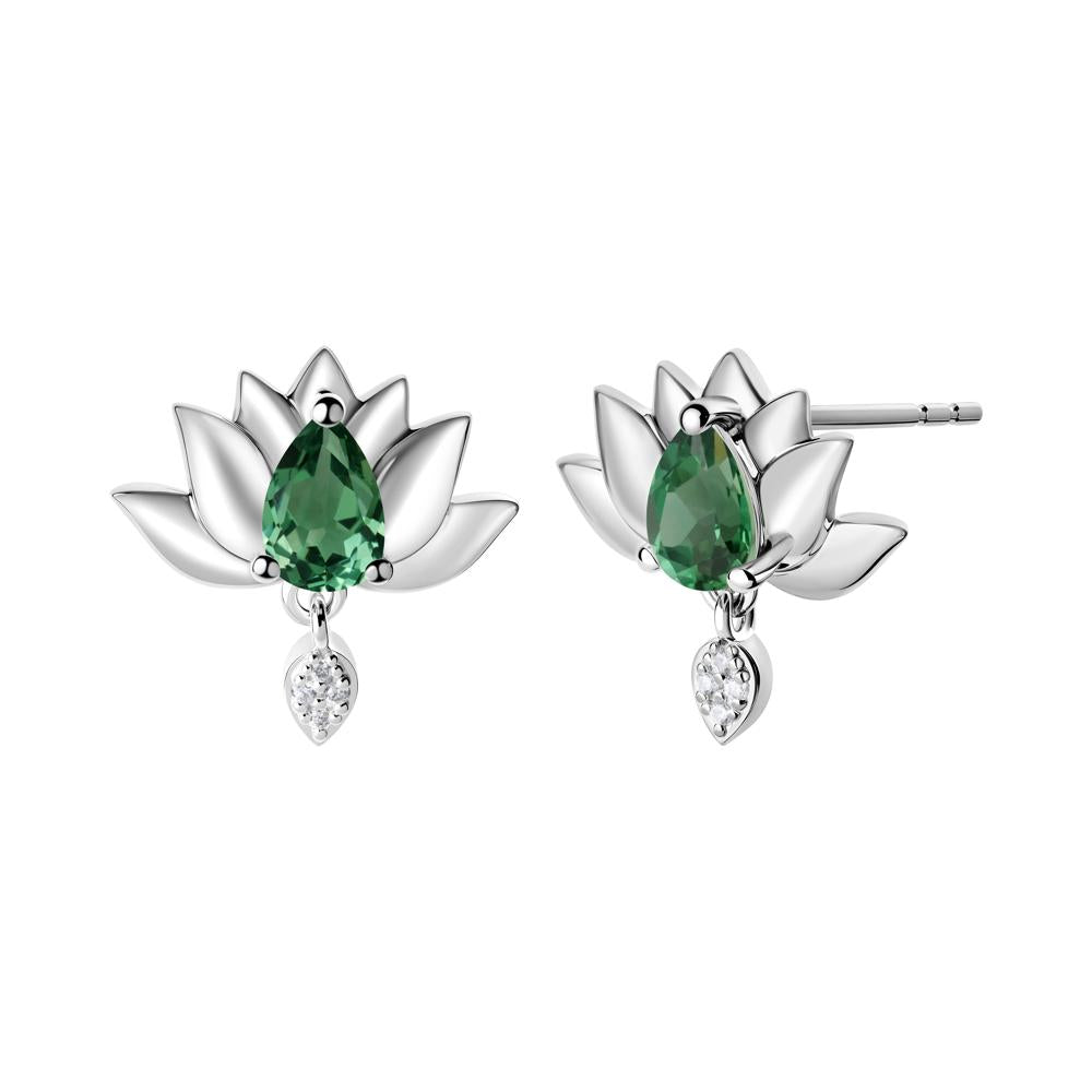 Pear Shaped Green Sapphire Lotus Flower Earrings - LUO Jewelry #metal_18k white gold