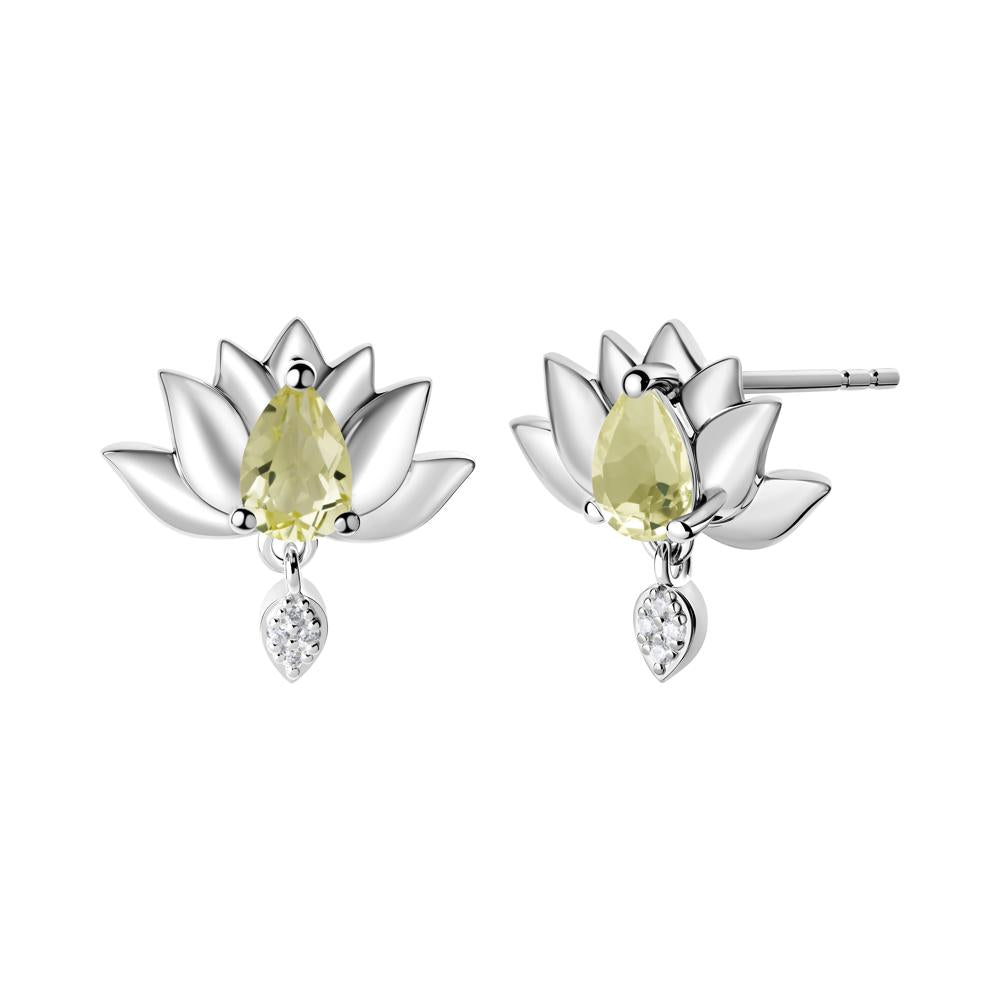 Pear Shaped Lemon Quartz Lotus Flower Earrings - LUO Jewelry #metal_14k white gold
