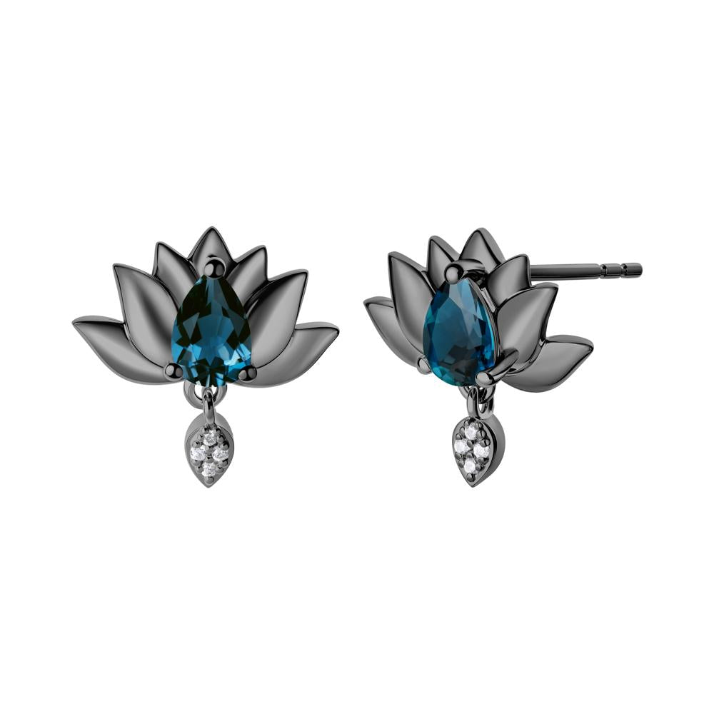 Pear Shaped London Blue Topaz Lotus Flower Earrings - LUO Jewelry #metal_black finish sterling silver
