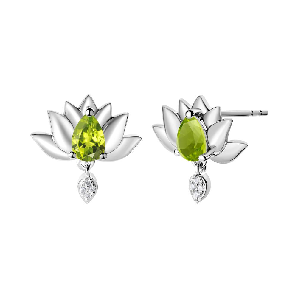 Tear Shaped Peridot Lotus Stud Earrings - LUO Jewelry #metal_14k white gold
