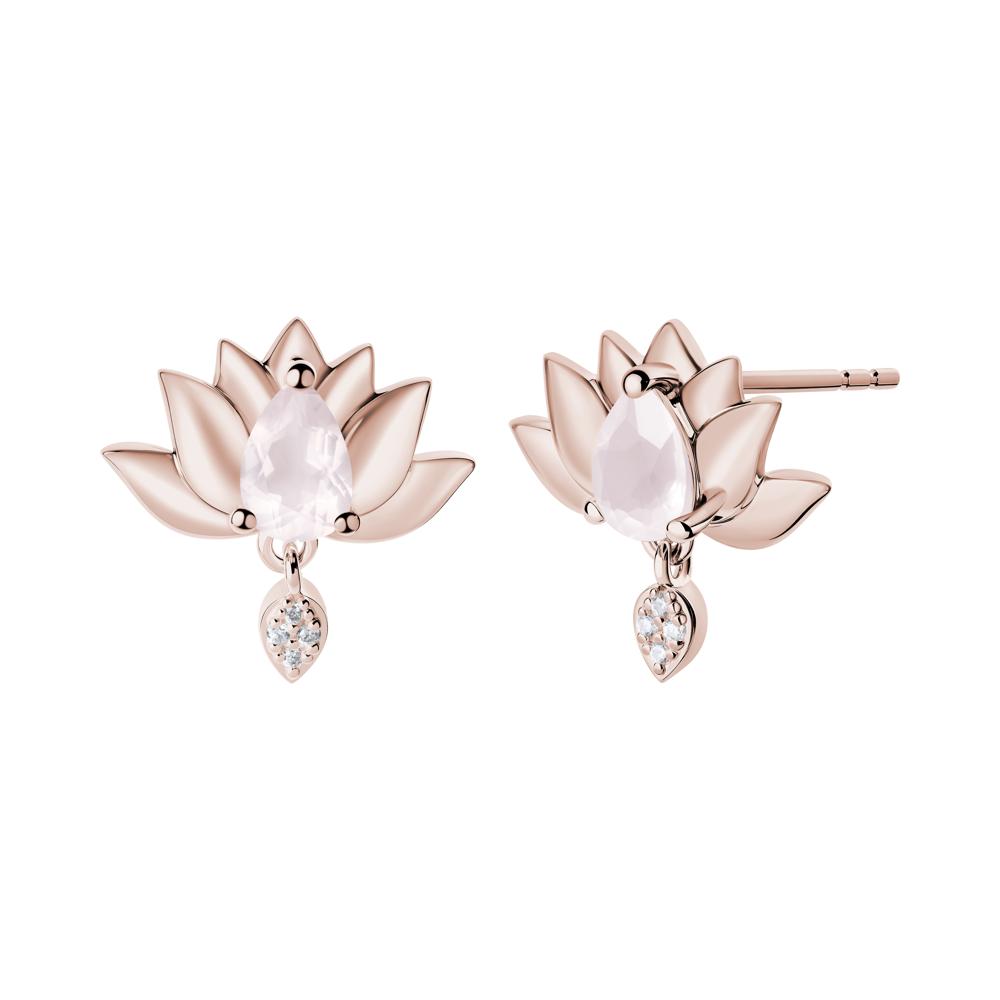 Tear Shaped Rose Quartz Lotus Stud Earrings - LUO Jewelry #metal_14k rose gold