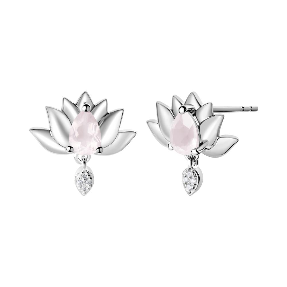 Tear Shaped Rose Quartz Lotus Stud Earrings - LUO Jewelry #metal_14k white gold