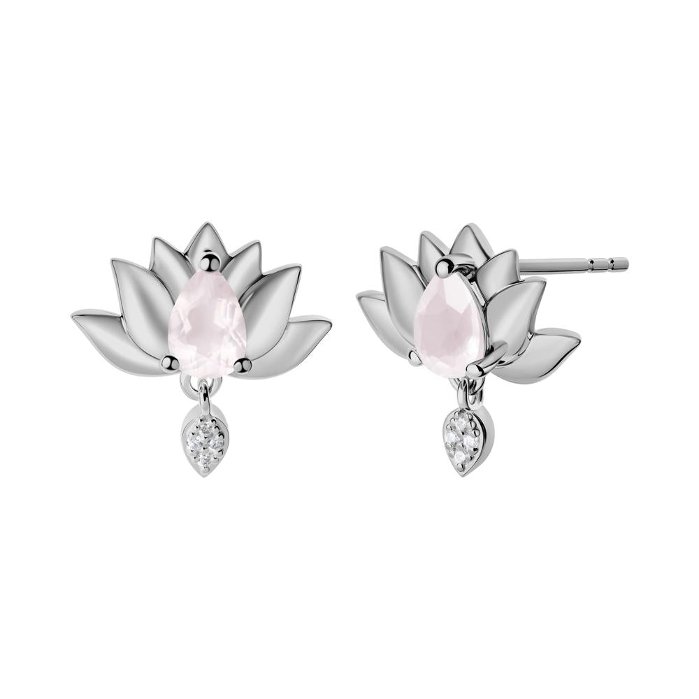 Tear Shaped Rose Quartz Lotus Stud Earrings - LUO Jewelry #metal_platinum