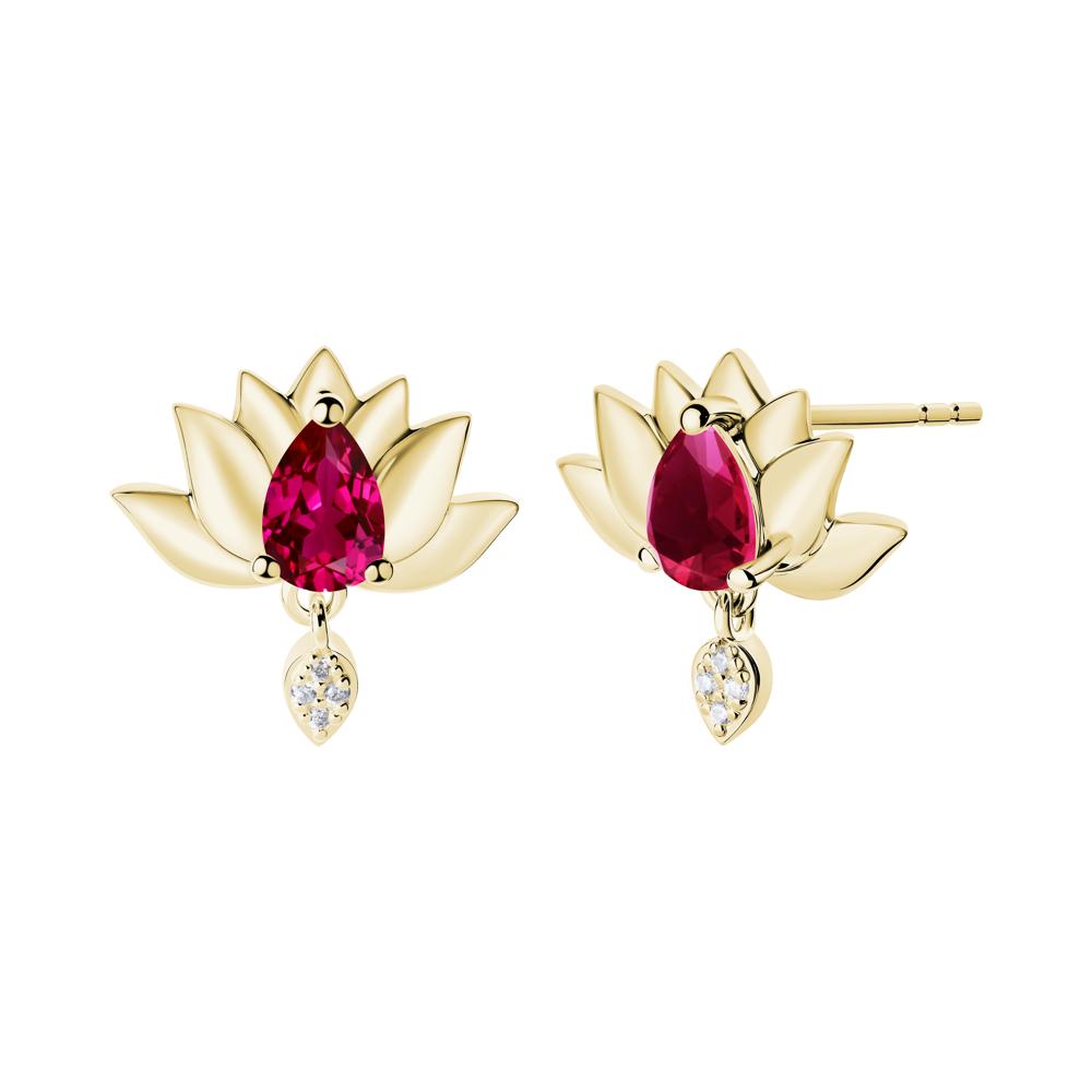 Tear Shaped Ruby Lotus Stud Earrings - LUO Jewelry #metal_18k yellow gold