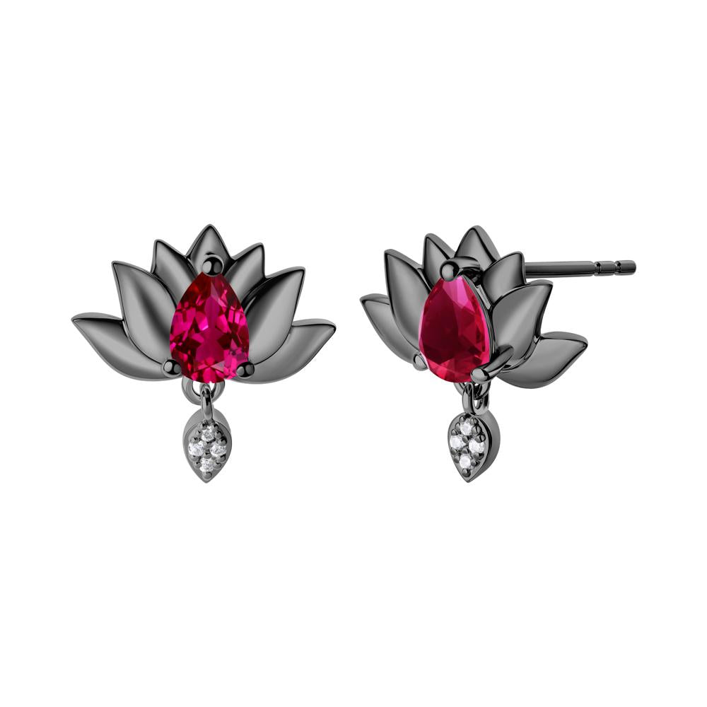 Tear Shaped Ruby Lotus Stud Earrings - LUO Jewelry #metal_black finish sterling silver