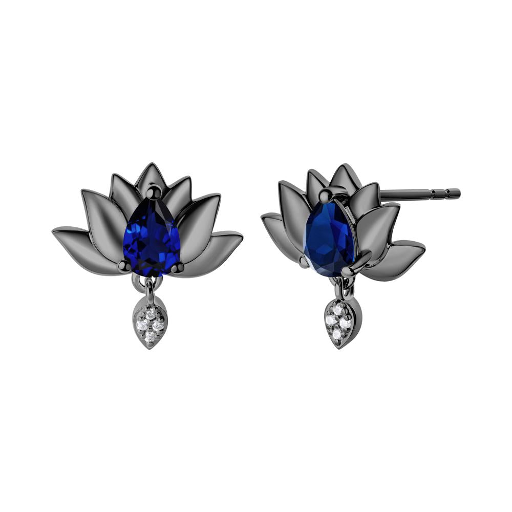 Pear Shaped Sapphire Lotus Flower Earrings - LUO Jewelry #metal_black finish sterling silver