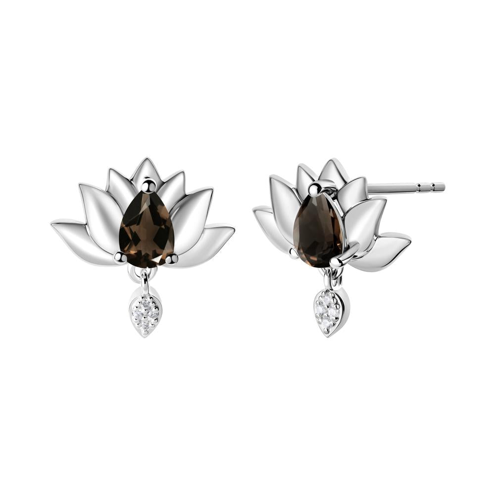 Tear Shaped Smoky Quartz Lotus Stud Earrings - LUO Jewelry #metal_18k white gold