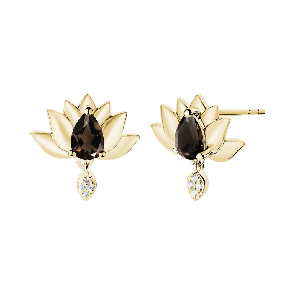 Tear Shaped Smoky Quartz Lotus Stud Earrings - LUO Jewelry #metal_18k yellow gold
