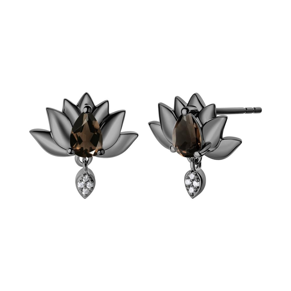 Tear Shaped Smoky Quartz Lotus Stud Earrings - LUO Jewelry #metal_black finish sterling silver