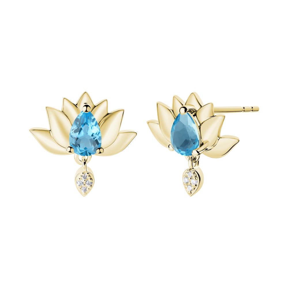 Pear Shaped Swiss Blue Topaz Lotus Flower Earrings - LUO Jewelry #metal_18k yellow gold