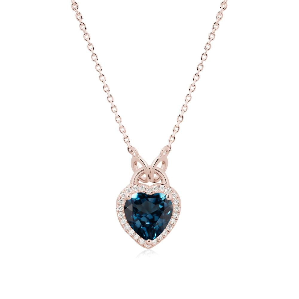 Heart Shaped London Blue Topaz Halo Pendant Necklace - LUO Jewelry #metal_14k rose gold