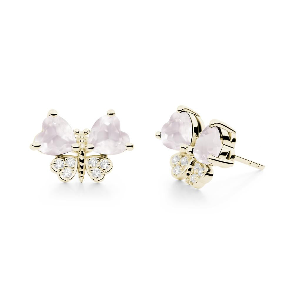 Rose Quartz Heart Shaped Wings Butterfly Stud Earrings - LUO Jewelry #metal_14k yellow gold