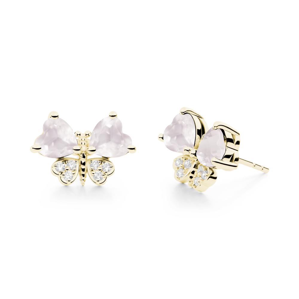 Rose Quartz Heart Shaped Wings Butterfly Stud Earrings - LUO Jewelry #metal_18k yellow gold