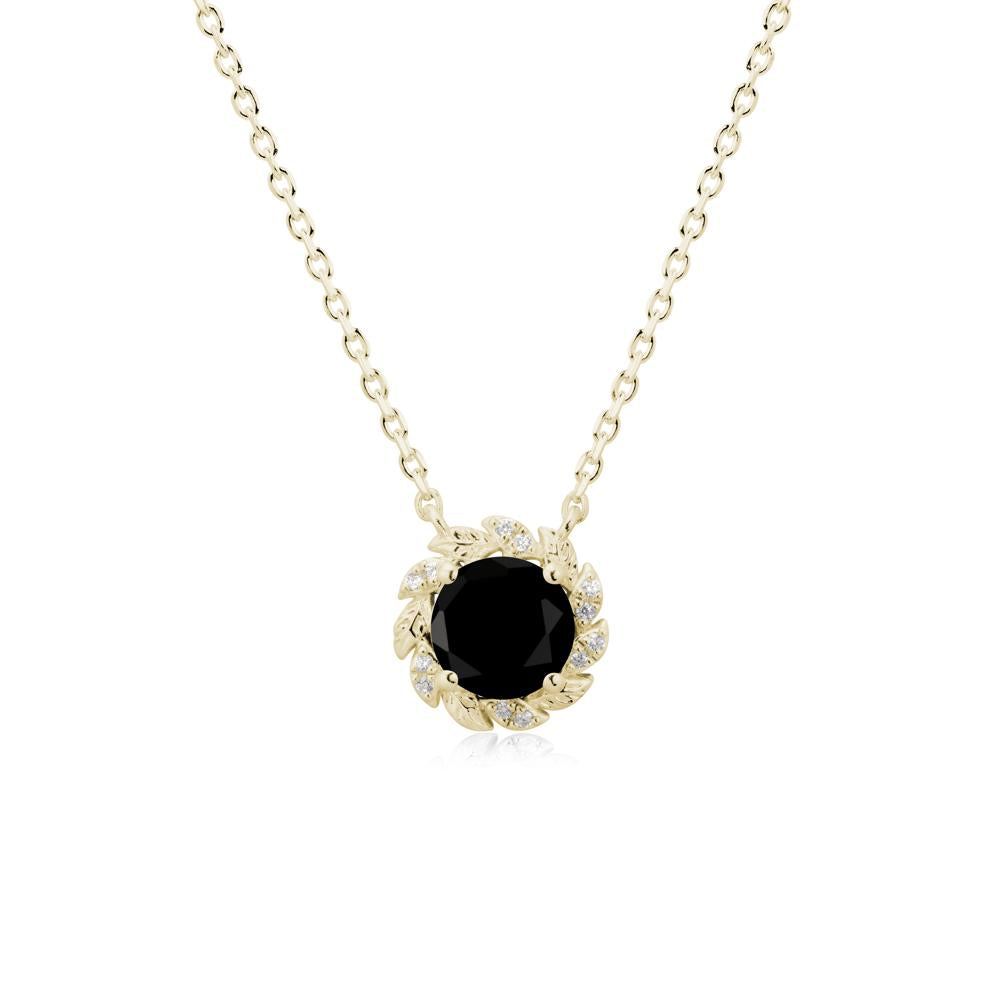 Round Black Spinel Leaf Halo Necklace - LUO Jewelry #metal_14k yellow gold