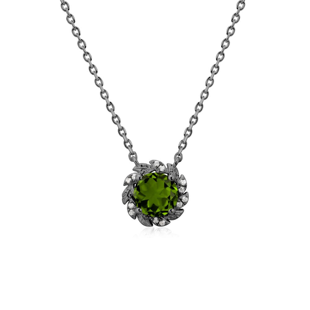 Round Diopside Leaf Halo Necklace - LUO Jewelry #metal_black finish sterling silver