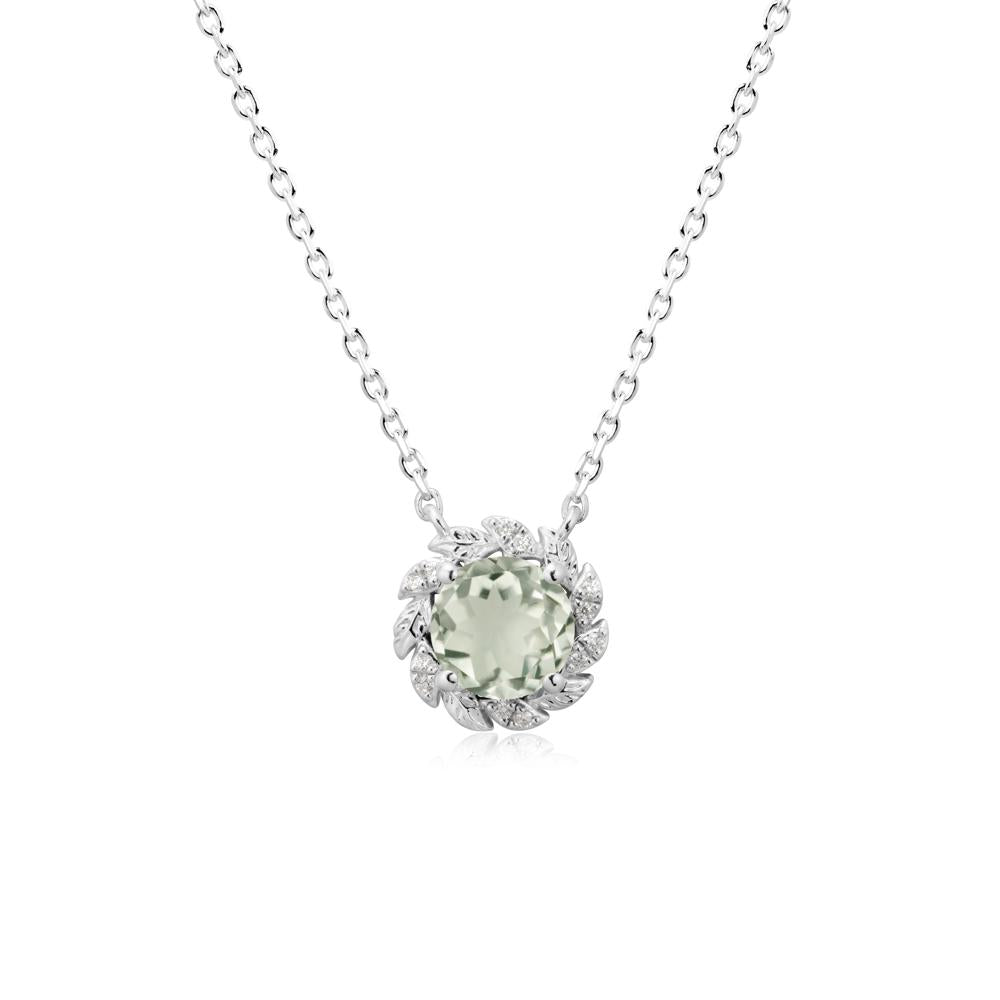 Round Green Amethyst Leaf Halo Necklace - LUO Jewelry #metal_14k white gold