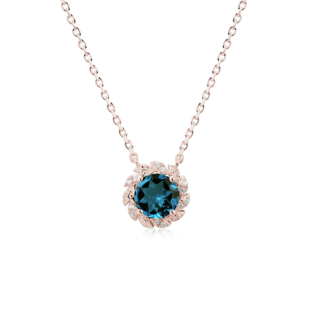 Round London Blue Topaz Leaf Halo Necklace - LUO Jewelry #metal_14k rose gold