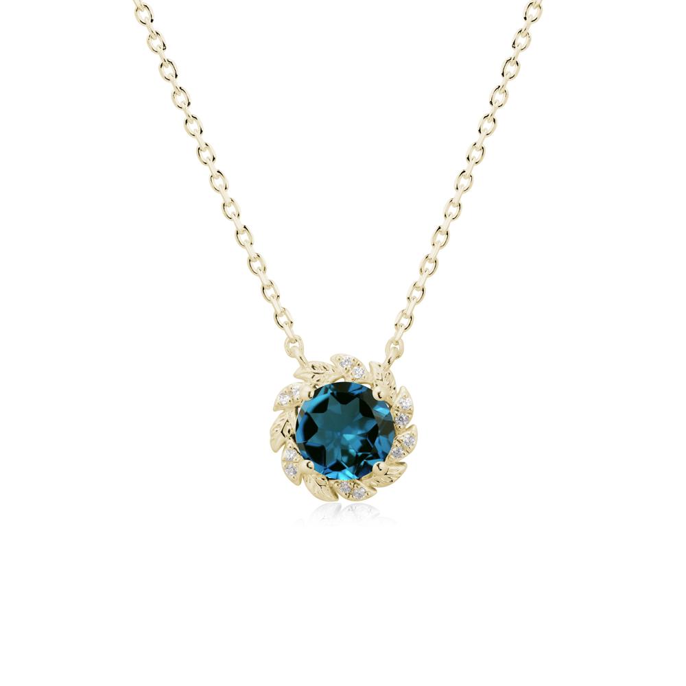 Round London Blue Topaz Leaf Halo Necklace - LUO Jewelry #metal_14k yellow gold