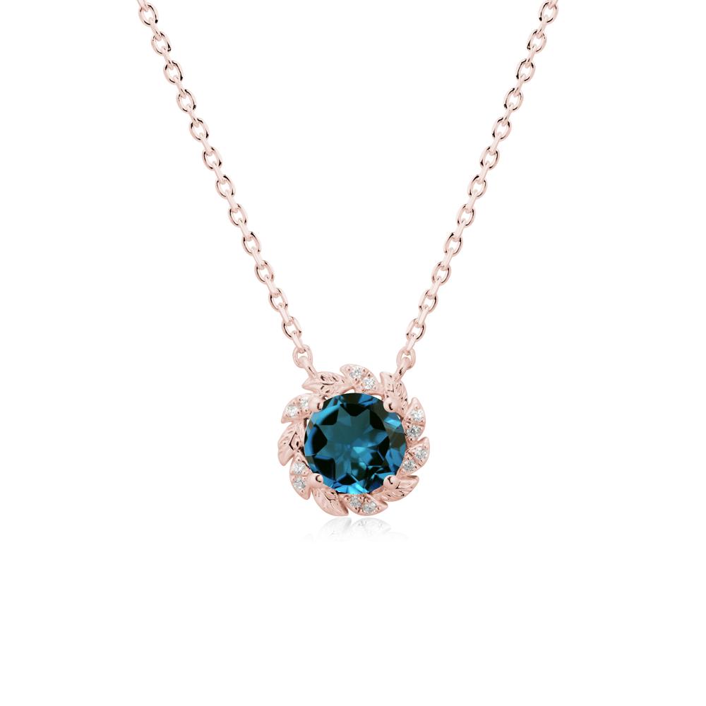 Round London Blue Topaz Leaf Halo Necklace - LUO Jewelry #metal_18k rose gold