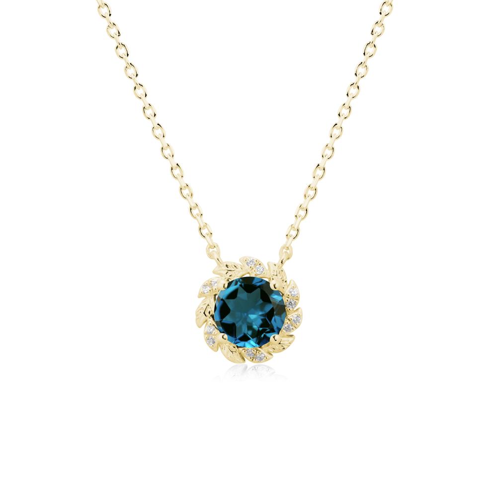 Round London Blue Topaz Leaf Halo Necklace - LUO Jewelry #metal_18k yellow gold