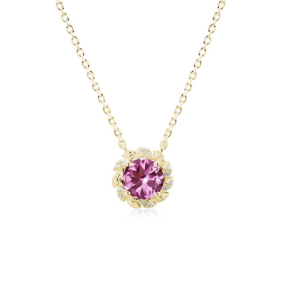 Round Pink Sapphire Leaf Halo Necklace - LUO Jewelry #metal_18k yellow gold