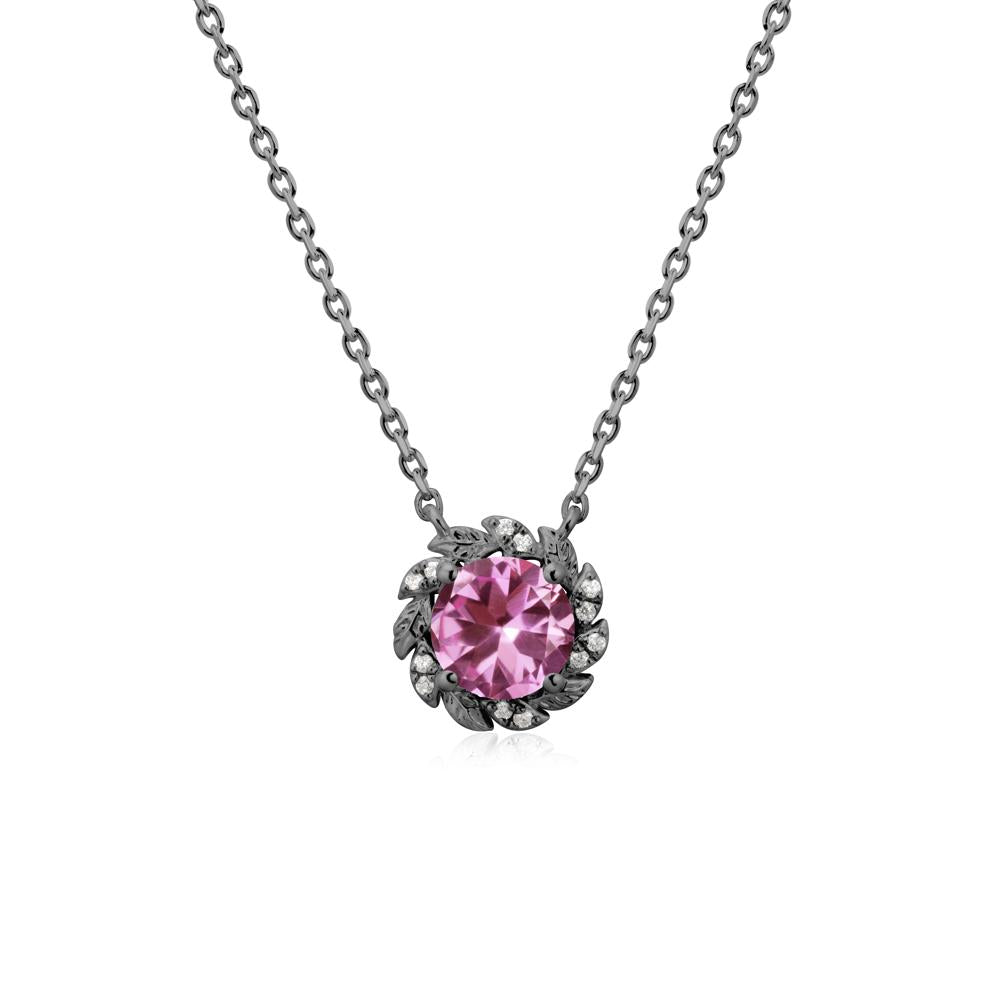 Round Pink Sapphire Leaf Halo Necklace - LUO Jewelry #metal_black finish sterling silver