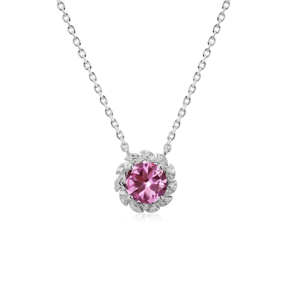 Round Pink Sapphire Leaf Halo Necklace - LUO Jewelry #metal_platinum