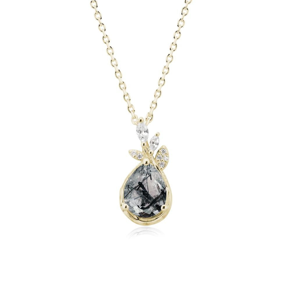 Tear Shaped Black Rutilated Quartz Leaf Necklace - LUO Jewelry #metal_14k yellow gold