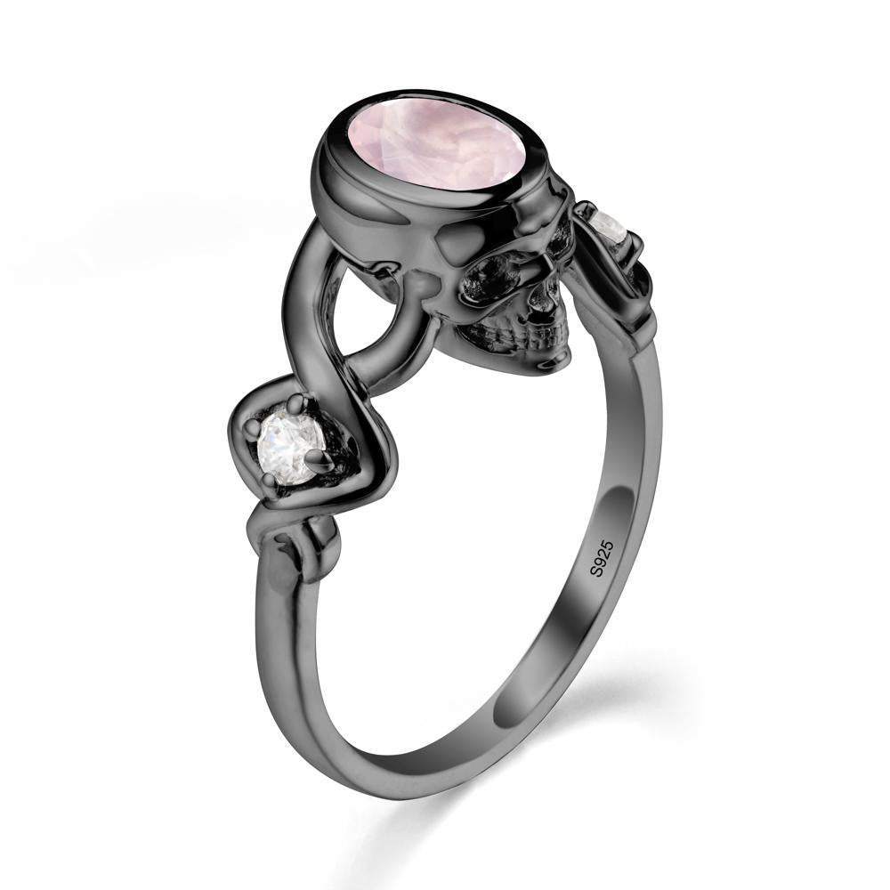 Halloween Skull Oval Rose Quartz Ring - LUO Jewelry #metal_black finish sterling silver