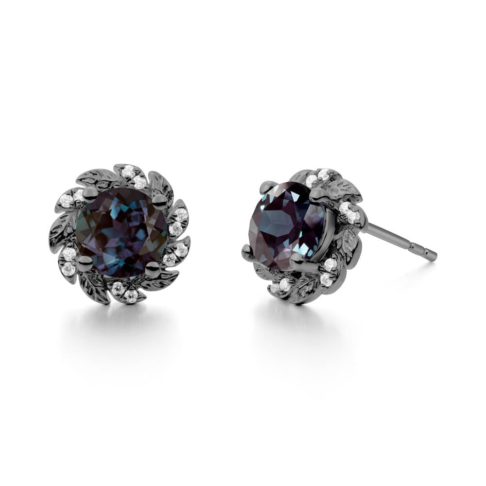 Round Alexandrite Leaf Halo Stud Earrings - LUO Jewelry #metal_black finish sterling silver