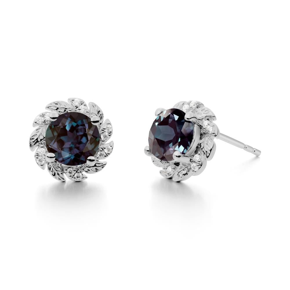 Round Alexandrite Leaf Halo Stud Earrings - LUO Jewelry #metal_platinum