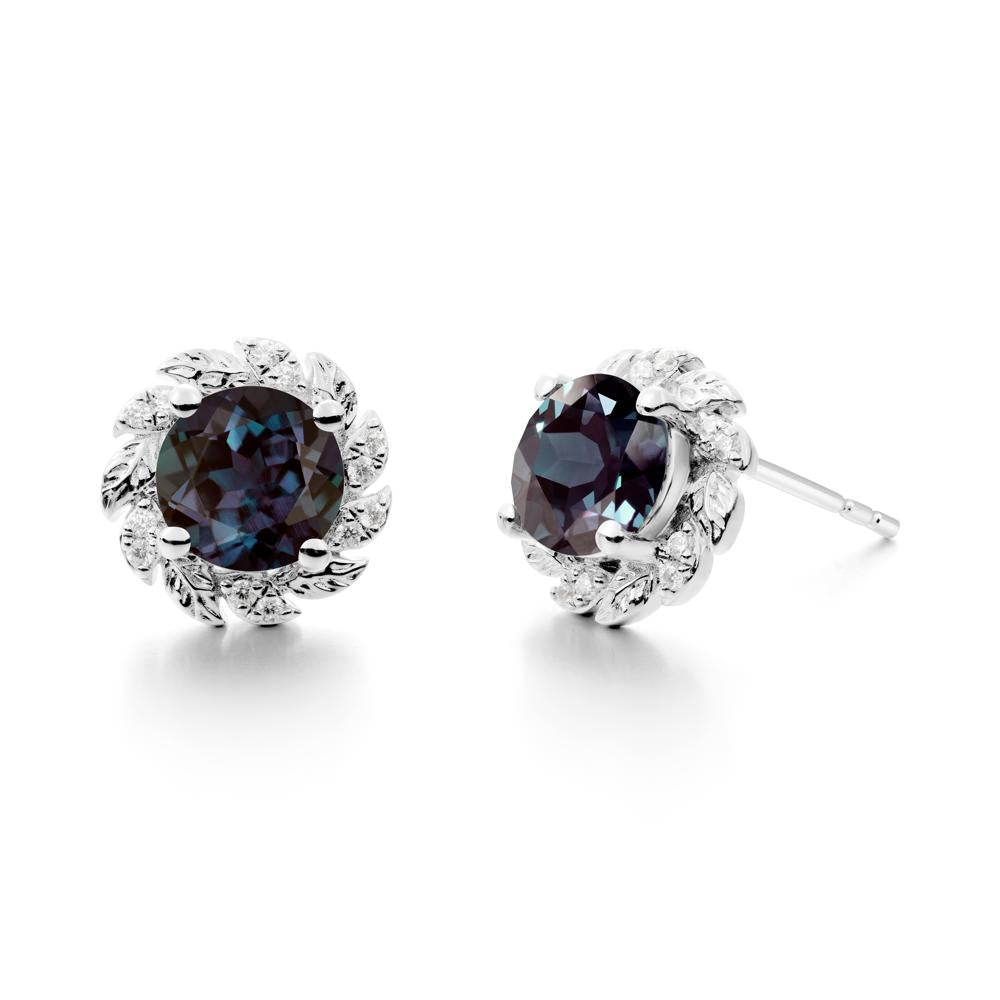 Round Alexandrite Leaf Halo Stud Earrings - LUO Jewelry #metal_sterling silver