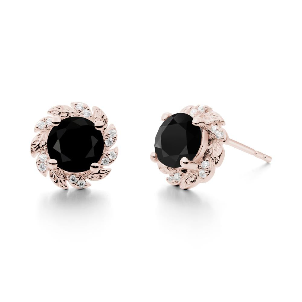 Round Black Spinel Leaf Halo Stud Earrings - LUO Jewelry #metal_14k rose gold