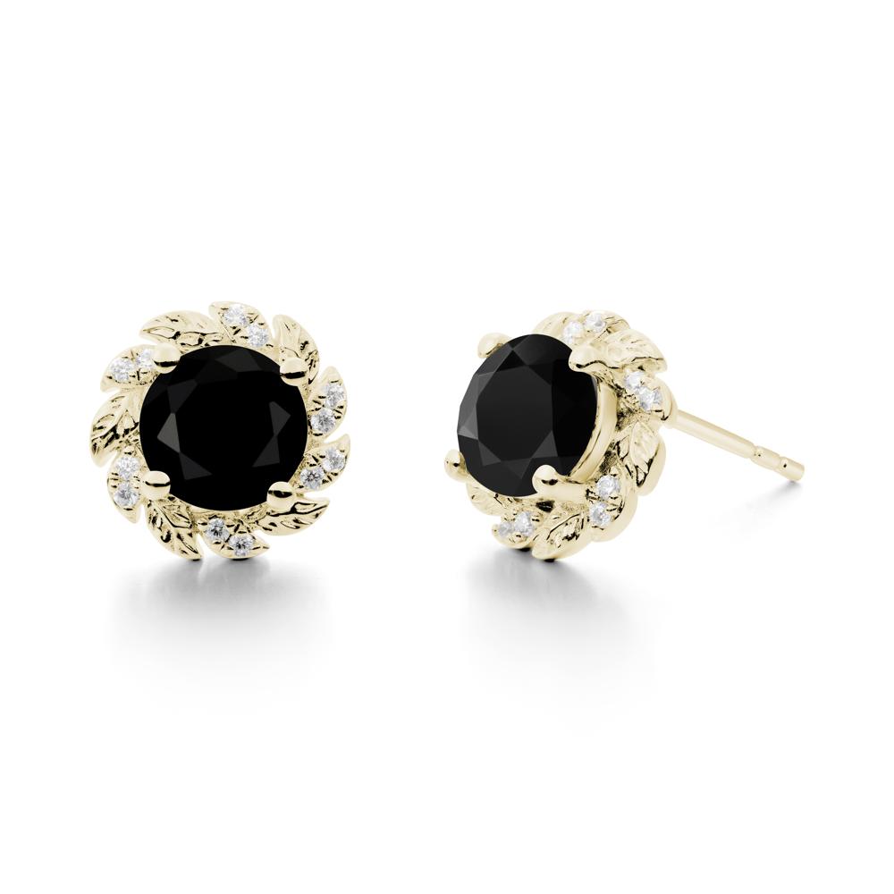 Round Black Spinel Leaf Halo Stud Earrings - LUO Jewelry #metal_14k yellow gold