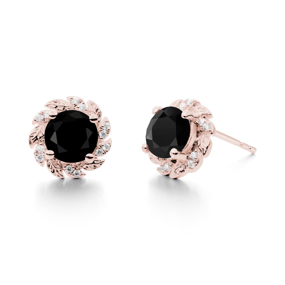 Round Black Spinel Leaf Halo Stud Earrings - LUO Jewelry #metal_18k rose gold