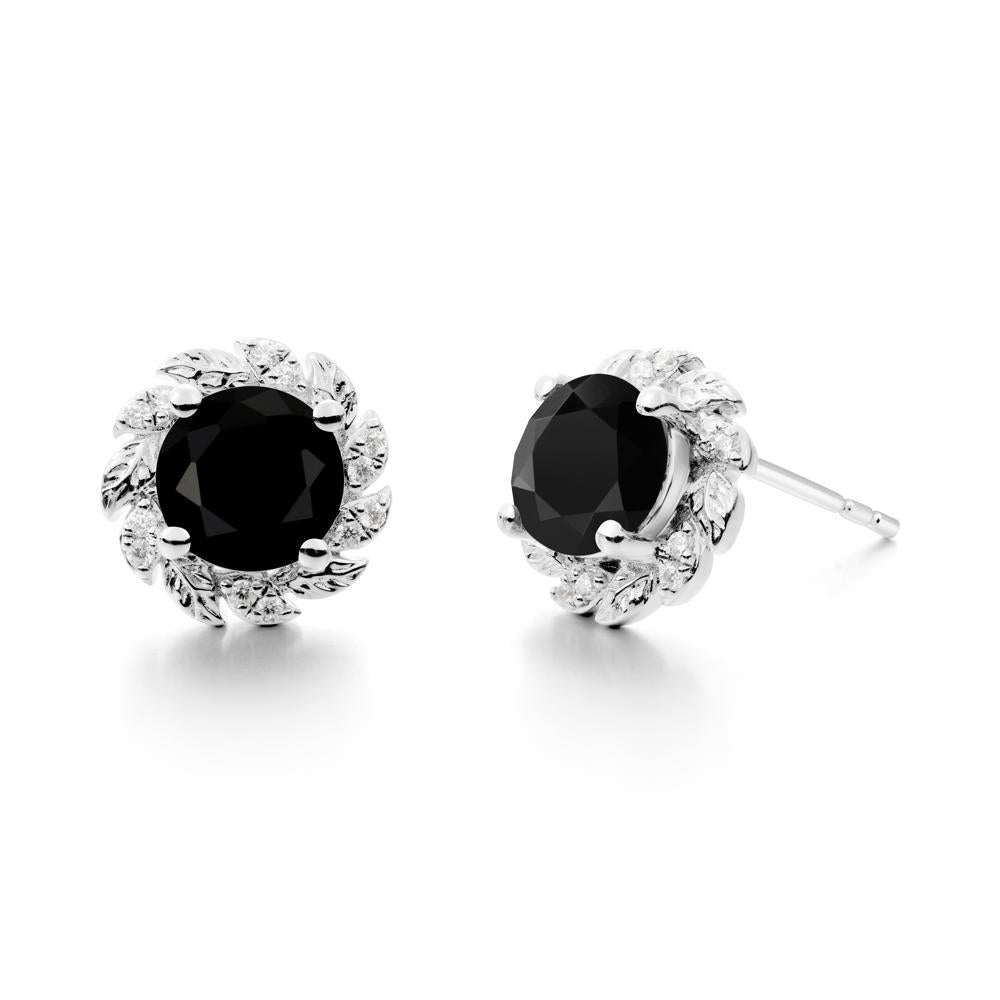 Round Black Spinel Leaf Halo Stud Earrings - LUO Jewelry #metal_18k white gold