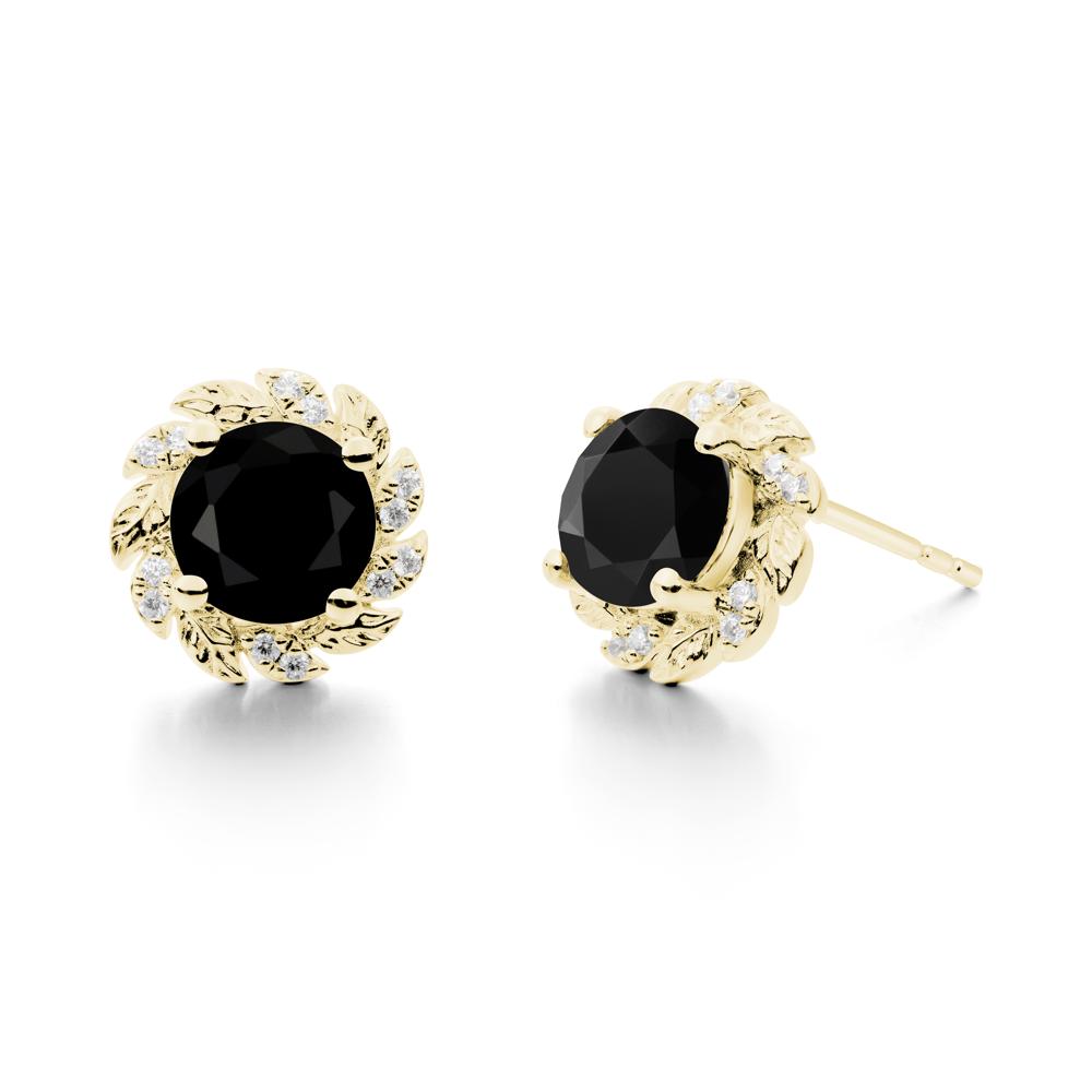 Round Black Spinel Leaf Halo Stud Earrings - LUO Jewelry #metal_18k yellow gold