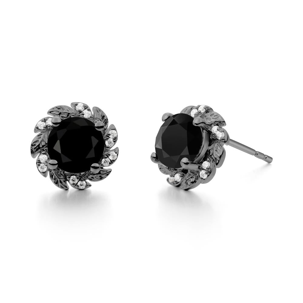 Round Black Spinel Leaf Halo Stud Earrings - LUO Jewelry #metal_black finish sterling silver