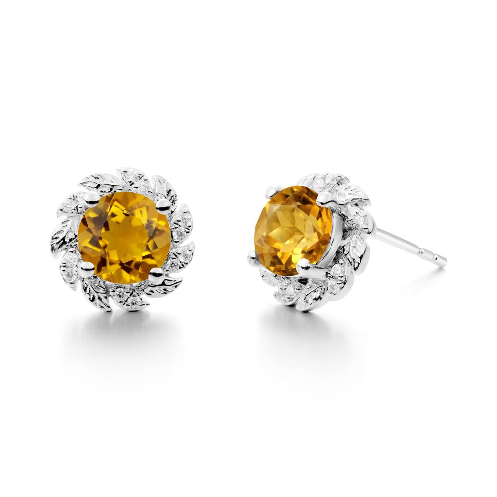 Round Citrine Leaf Halo Stud Earrings - LUO Jewelry #metal_18k white gold