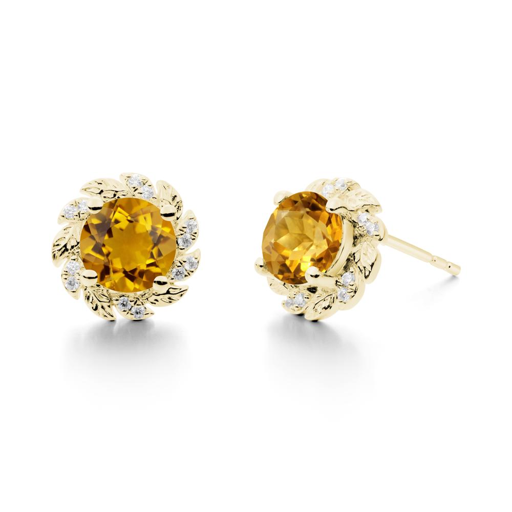Round Citrine Leaf Halo Stud Earrings - LUO Jewelry #metal_18k yellow gold